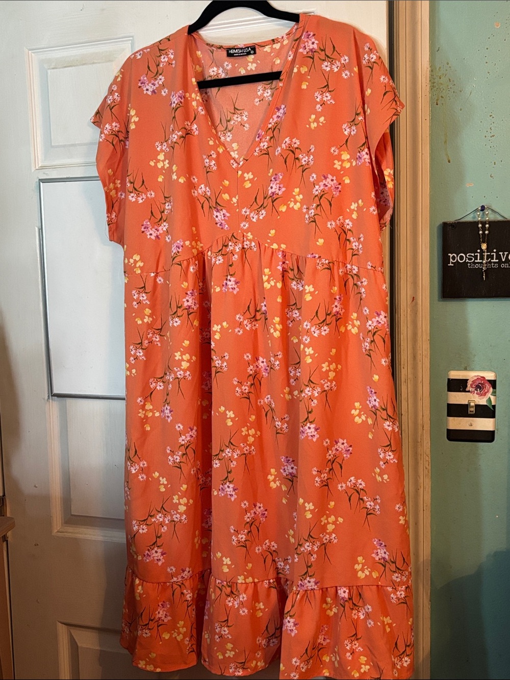 Orange Floral V-Neck Ruffle Hem Dress Size 2X